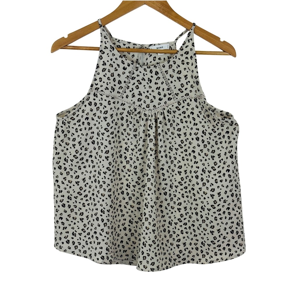 Women's Flowy Leopard Print Tank Top High Neck‎ Sleeveless Blouse Lace Trim